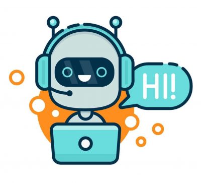 Cute smiling robot, chat bot say hi. Vector modern line outline flat style cartoon character illustration. Isolated on white background.Speak bubble. Voice support, virtual online help support concept